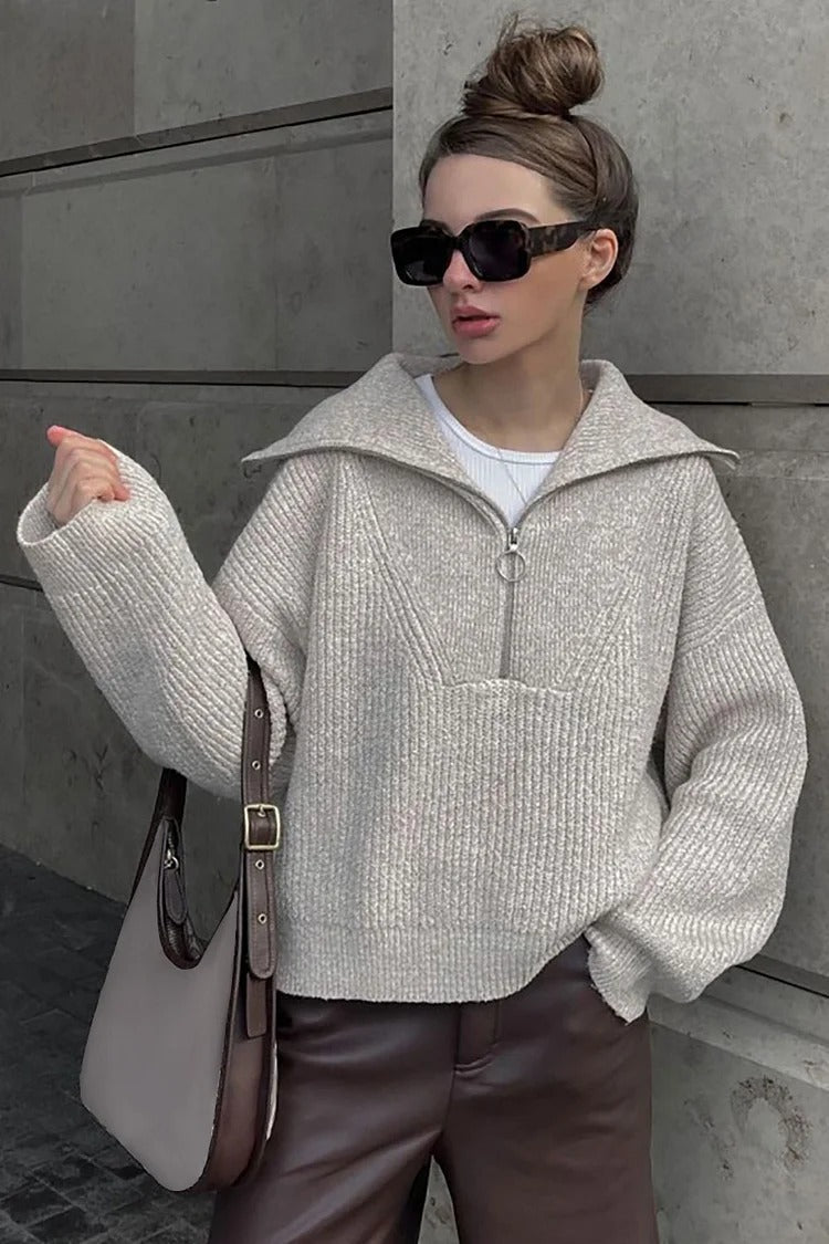 Zipper Collar Knit Loose Fit Sweater