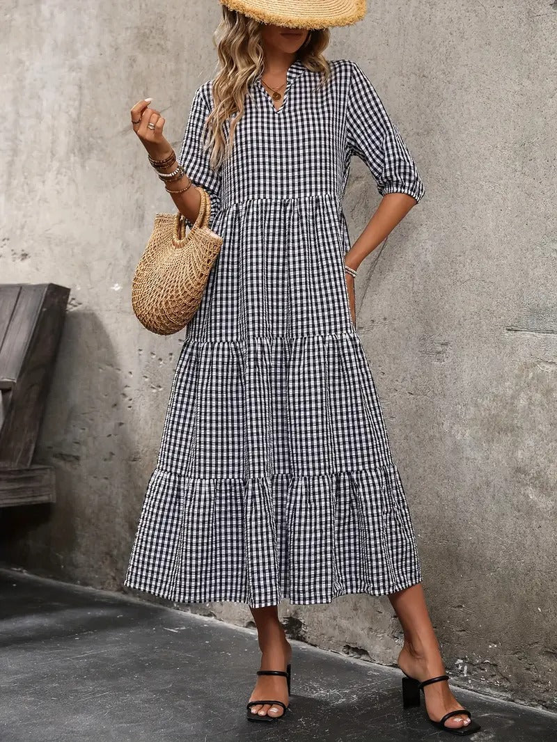 Plaid Pattern A-Line Midi Dress