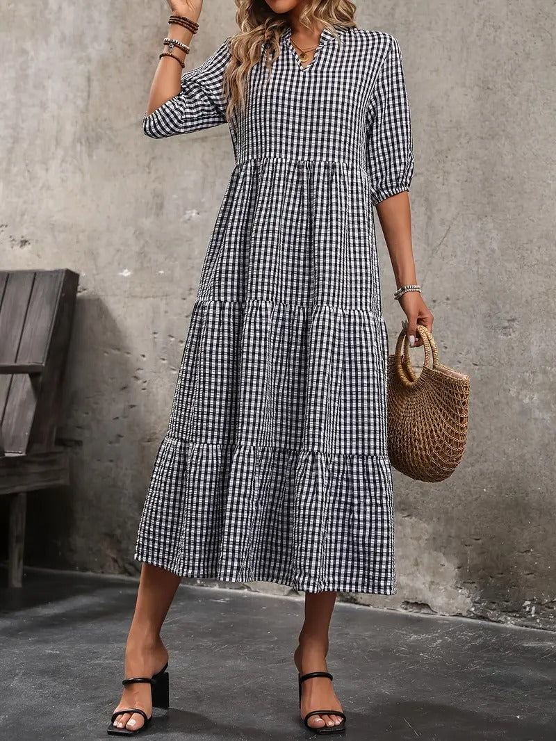 Plaid Pattern A-Line Midi Dress