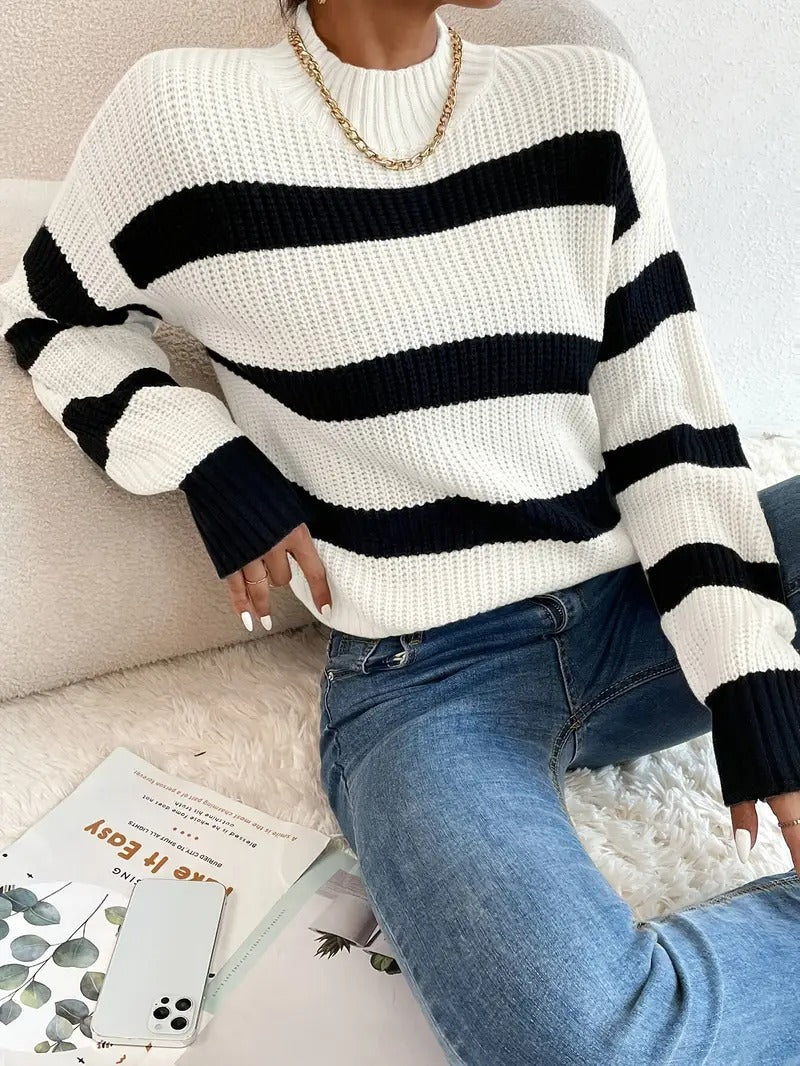 White Striped Knit Long Sleeve Sweater