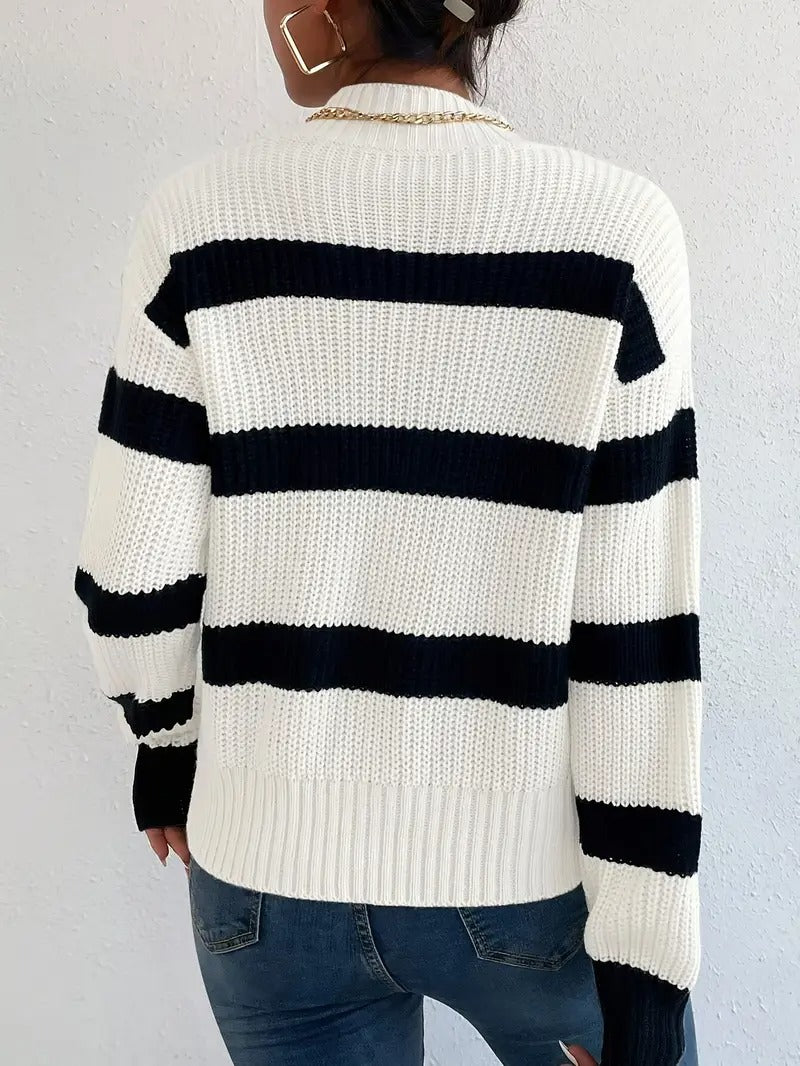 White Striped Knit Long Sleeve Sweater