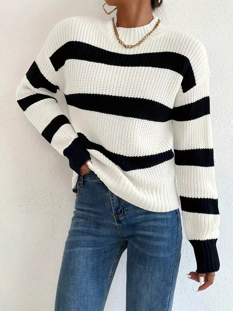 White Striped Knit Long Sleeve Sweater