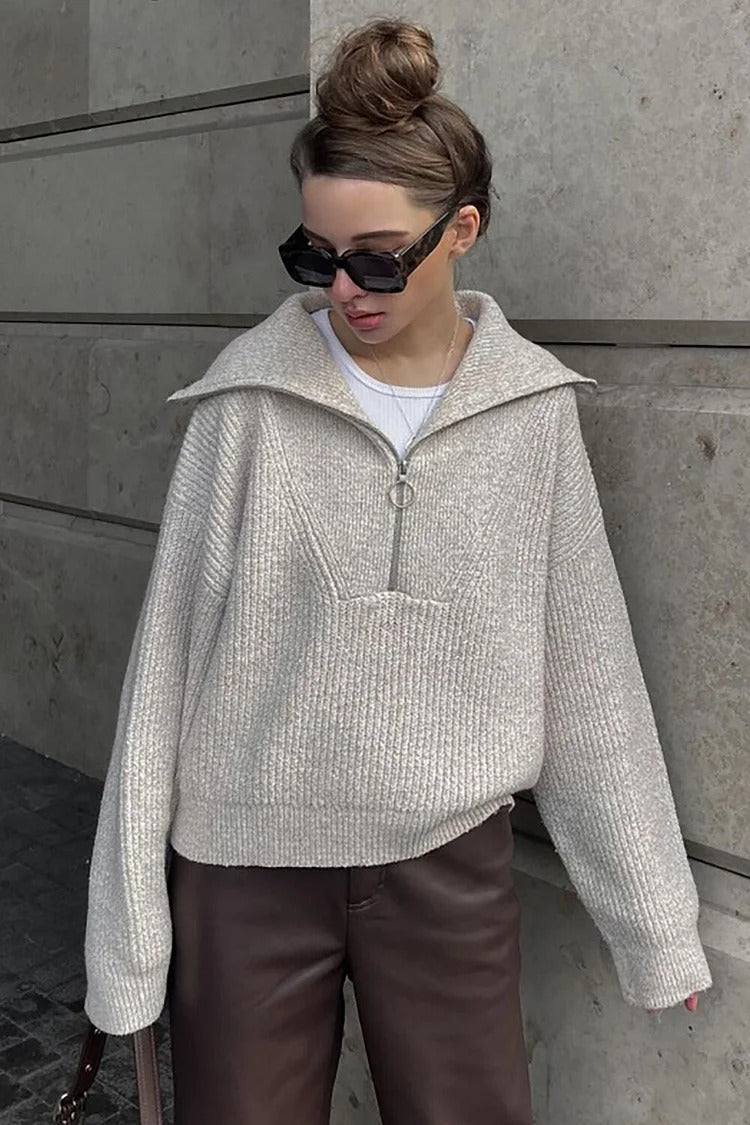 Gray Zipper Collar Knit Loose Fit Sweater