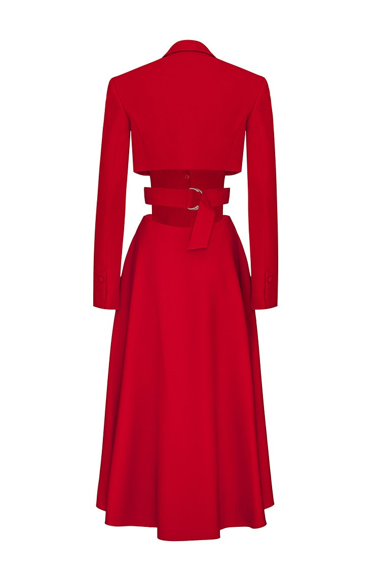 Red Notch Lapel Cutout Blazer Midi Dress