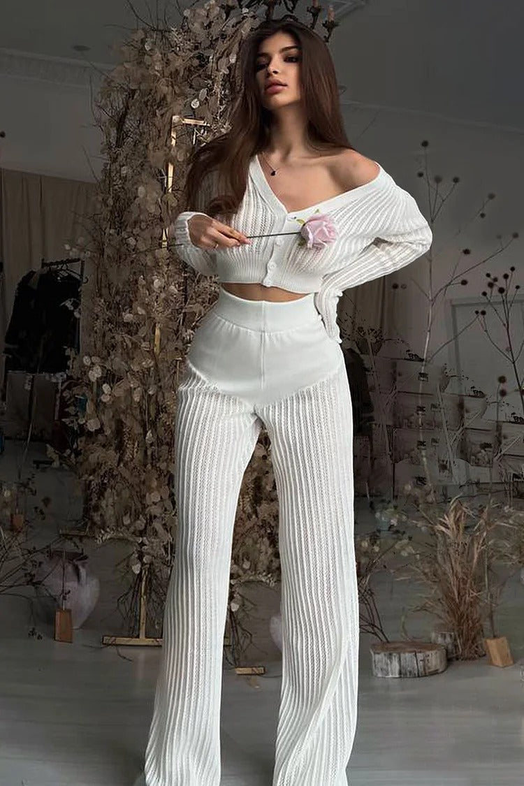 Pleated Knit V-Neck Crop Sweater & High-Waist Pants Set