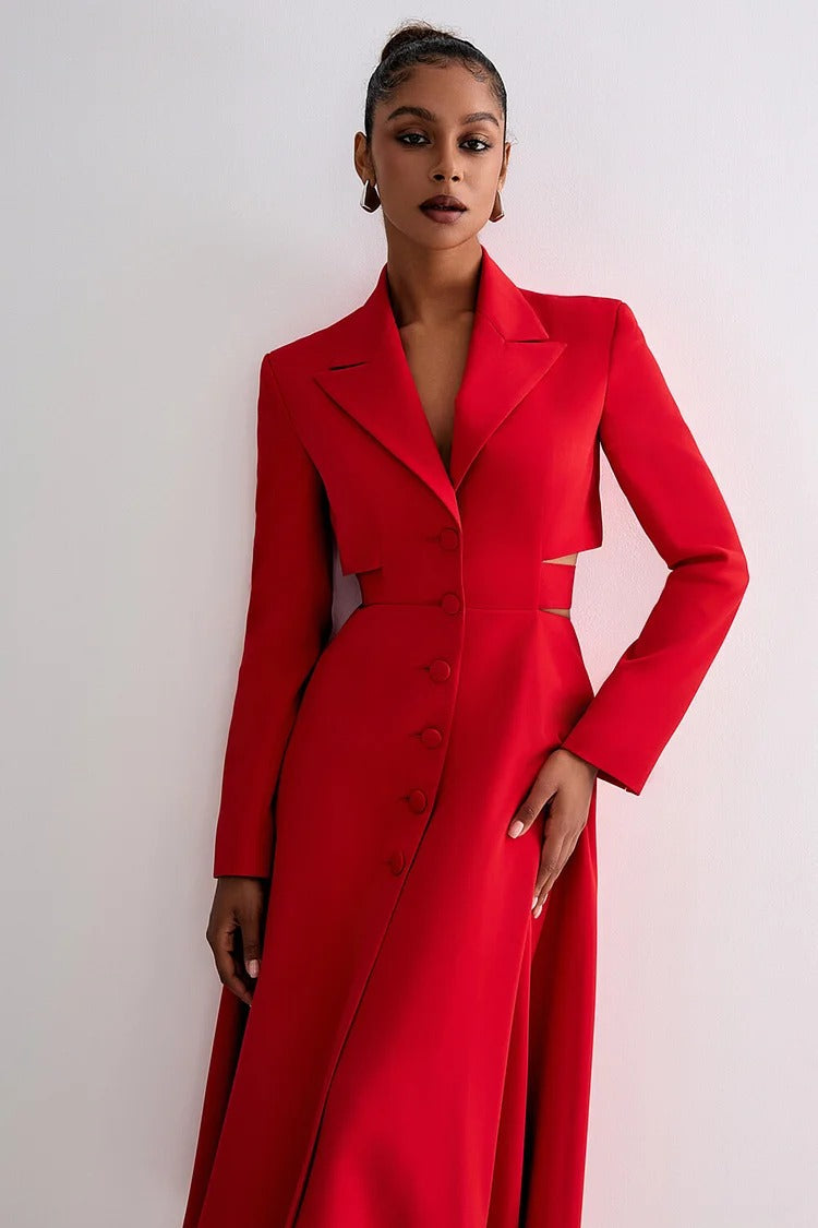 Red Notch Lapel Cutout Blazer Midi Dress