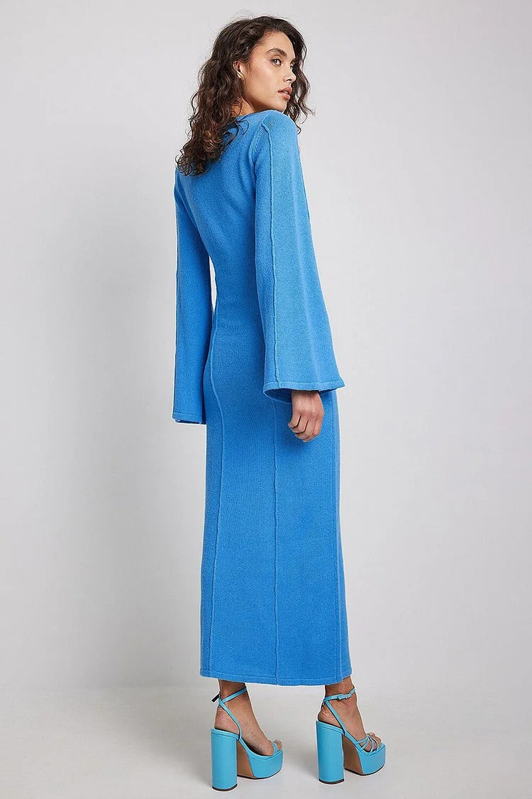 Blue Knit Round Neck Wide Sleeve Slit Sweater Maxi Dress