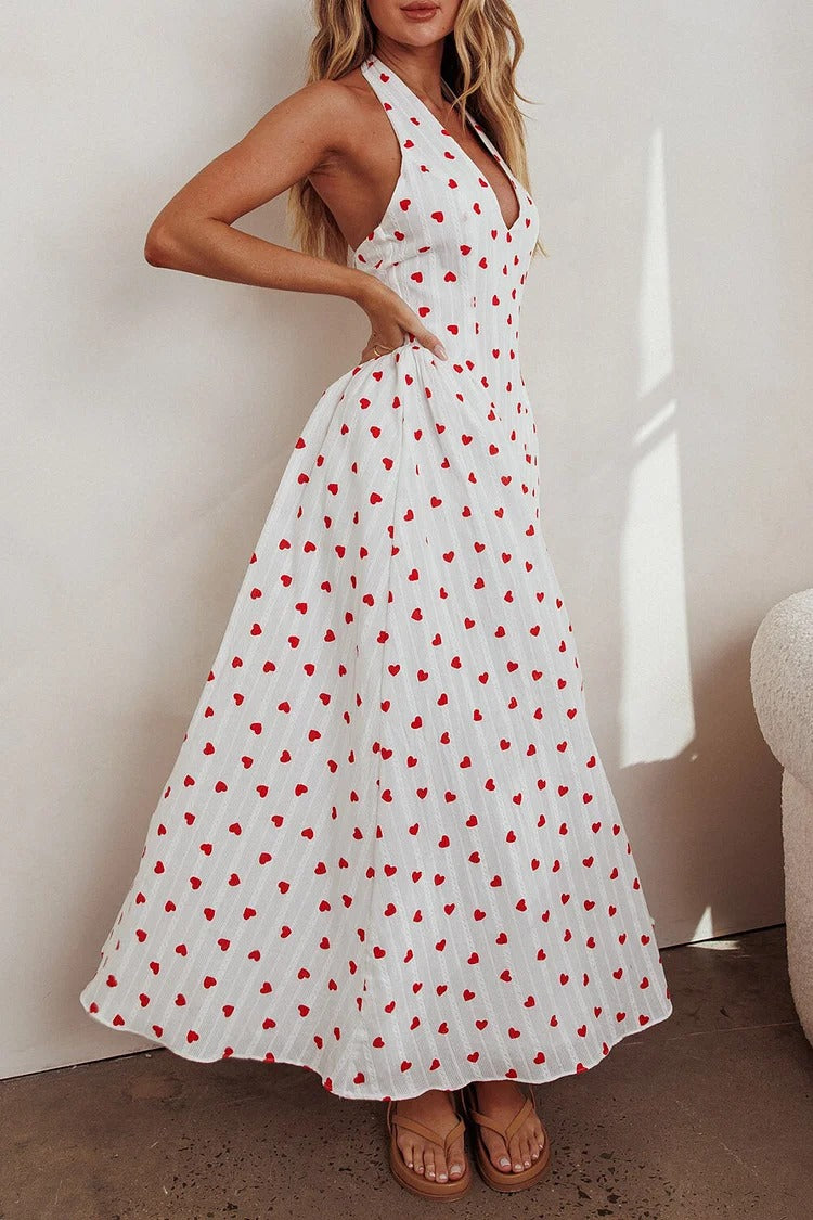 White Heart Print Halter Maxi Dress