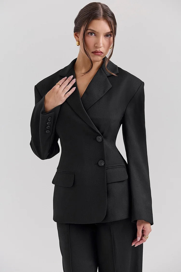 Black Cinched Waist Blazer Set