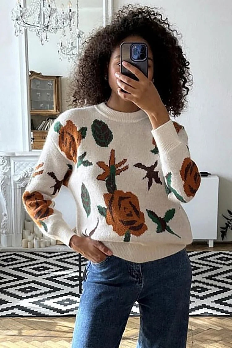 Floral Knit Round Neck Sweater