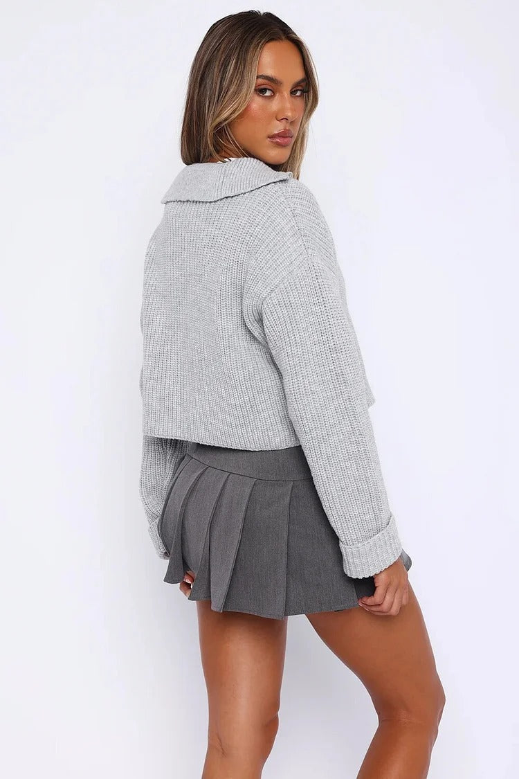 Pleated Knit Zipper Crop Sweater