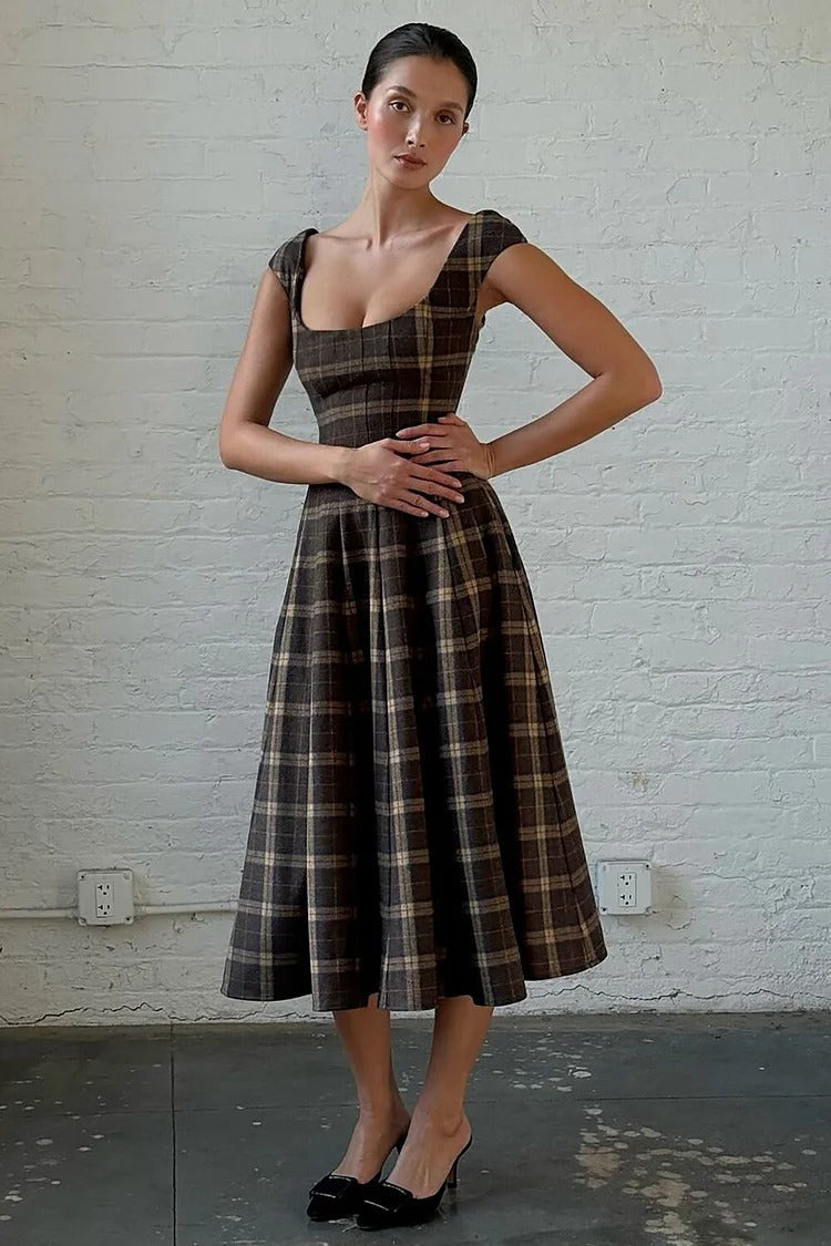 Plaid Pattern A-Line Midi Dress