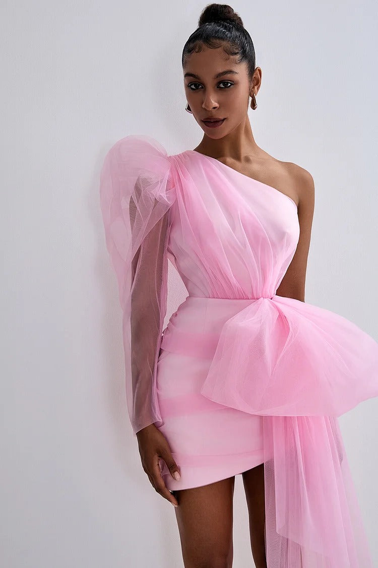 Pink Tulle One-Shoulder Bow Party Mini Dress