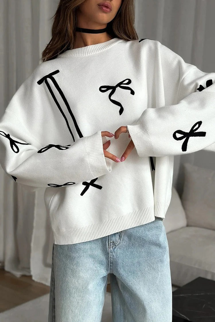 White Bowknot Knit Sweater