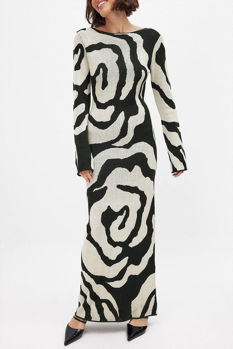 Black Abstract Pattern Knit Long Sleeve Slim Fit Maxi Dress