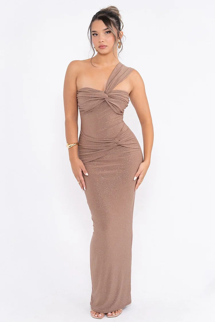 Brown Shimmery One-Shoulder Twist Maxi Dress