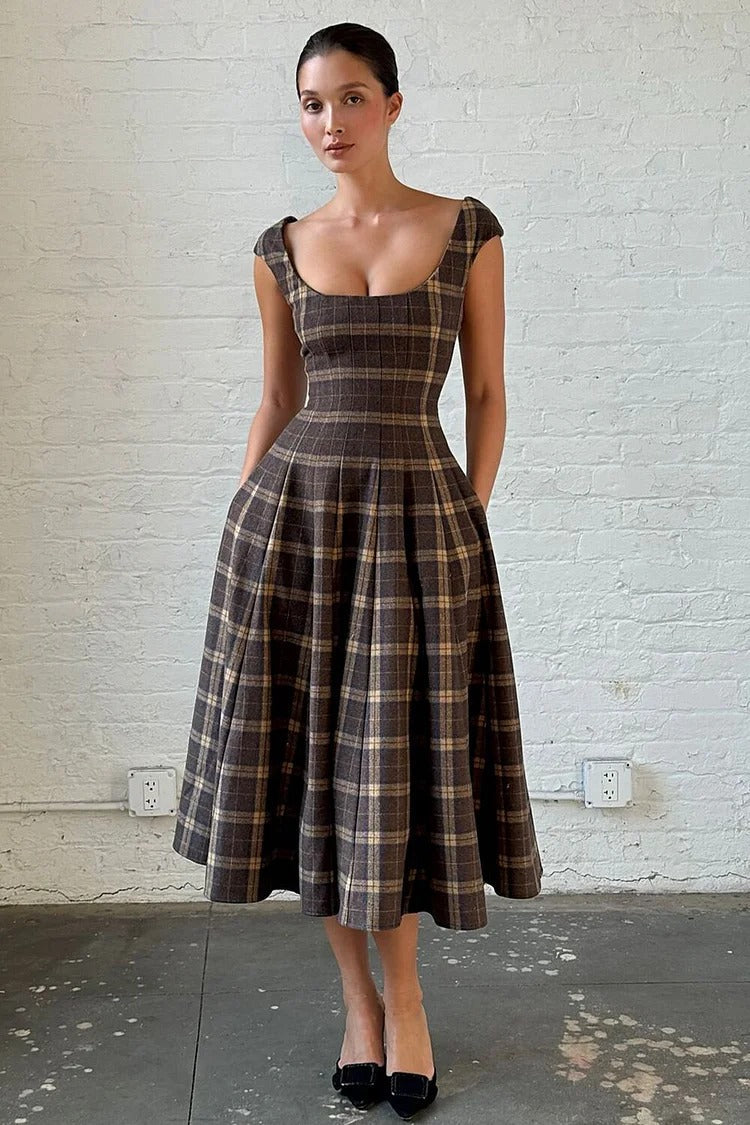 Plaid Pattern A-Line Midi Dress