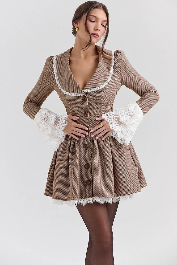 Brown Lace Doll Collar A-Line Mini Dress