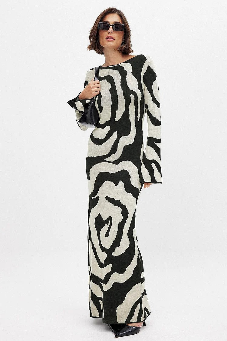 Black Abstract Pattern Knit Long Sleeve Slim Fit Maxi Dress