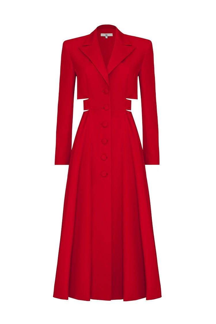 Red Notch Lapel Cutout Blazer Midi Dress