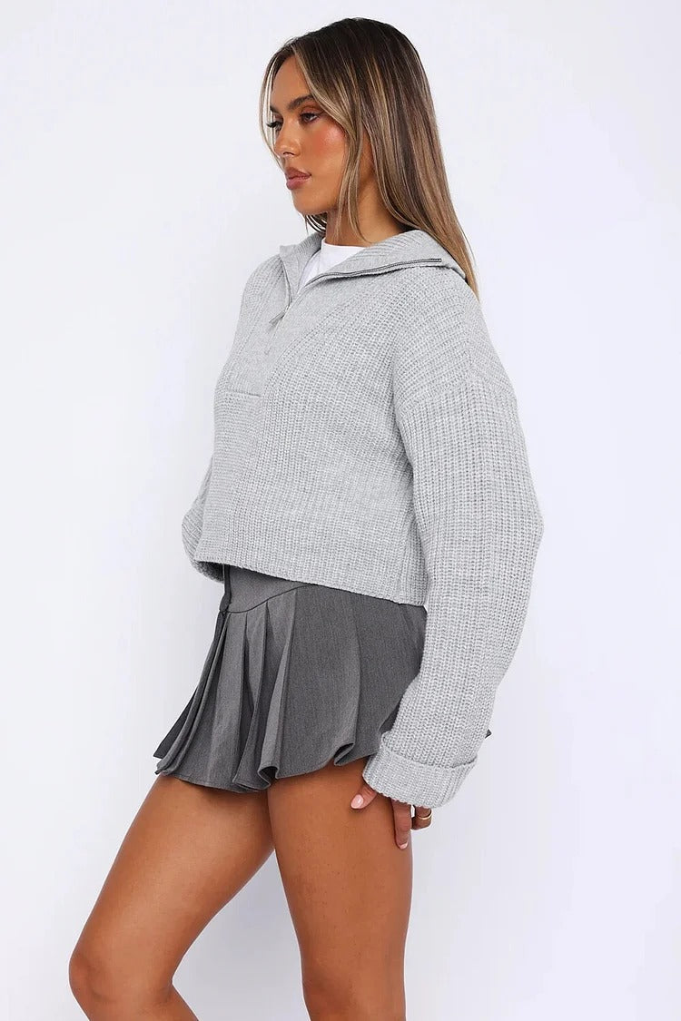 Pleated Knit Zipper Crop Sweater