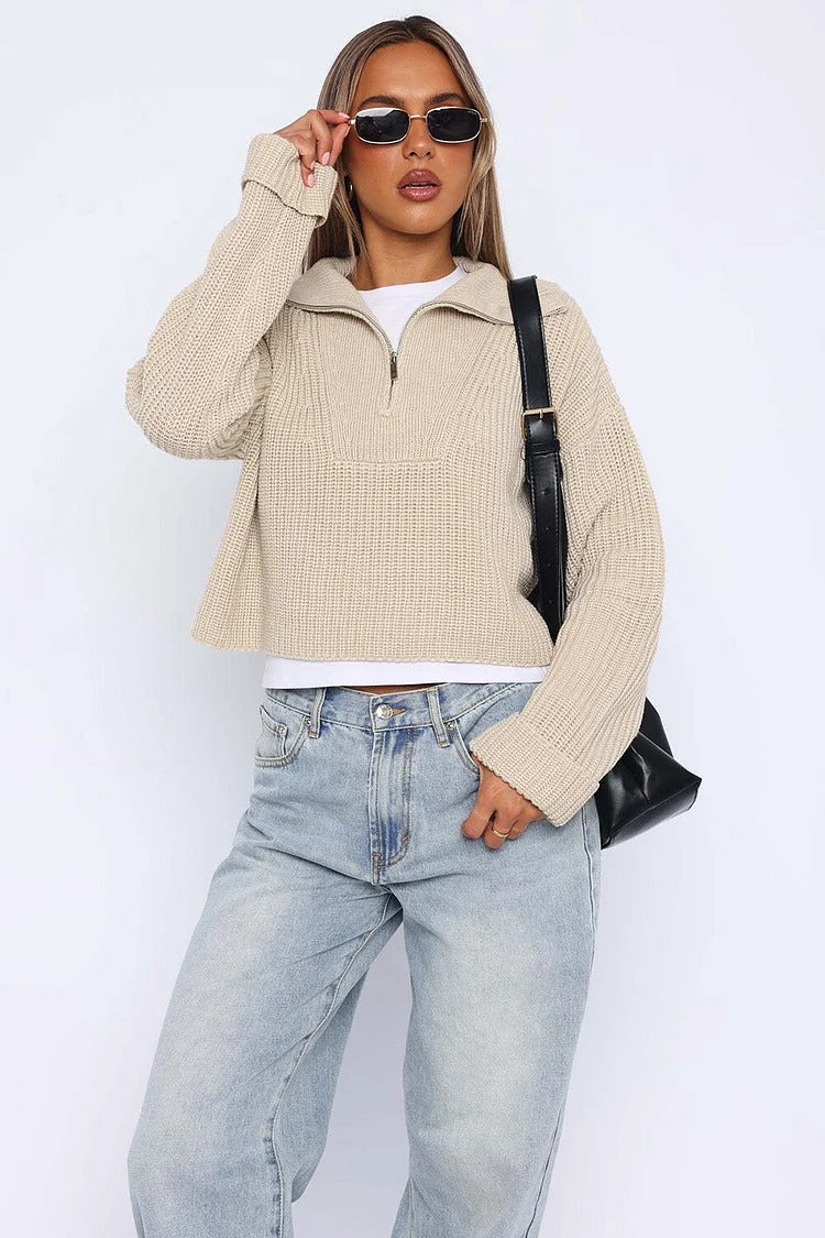 Pleated Knit Zipper Crop Sweater