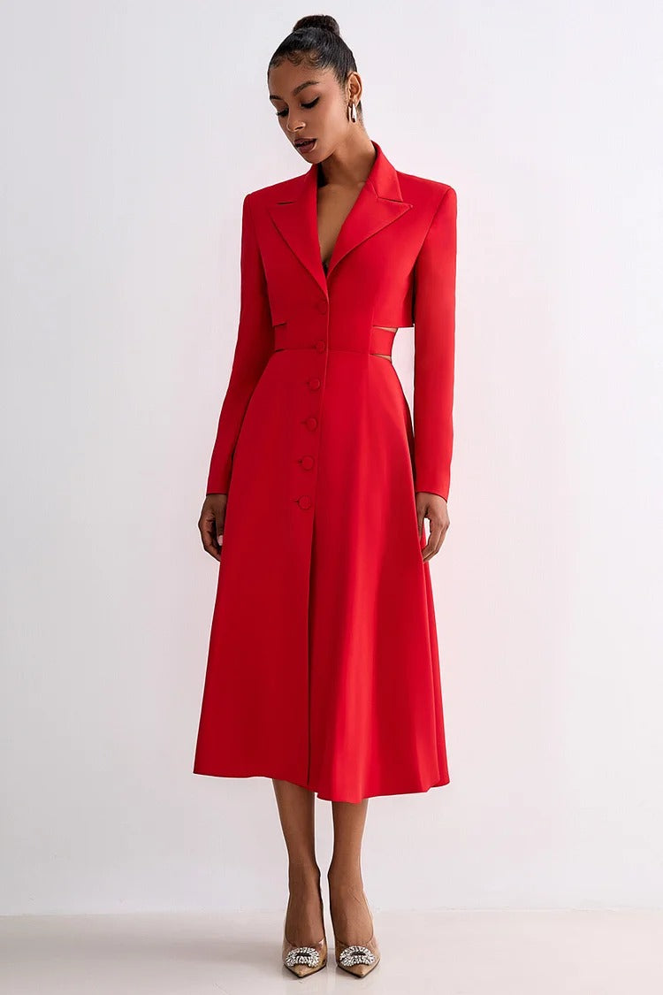 Red Notch Lapel Cutout Blazer Midi Dress