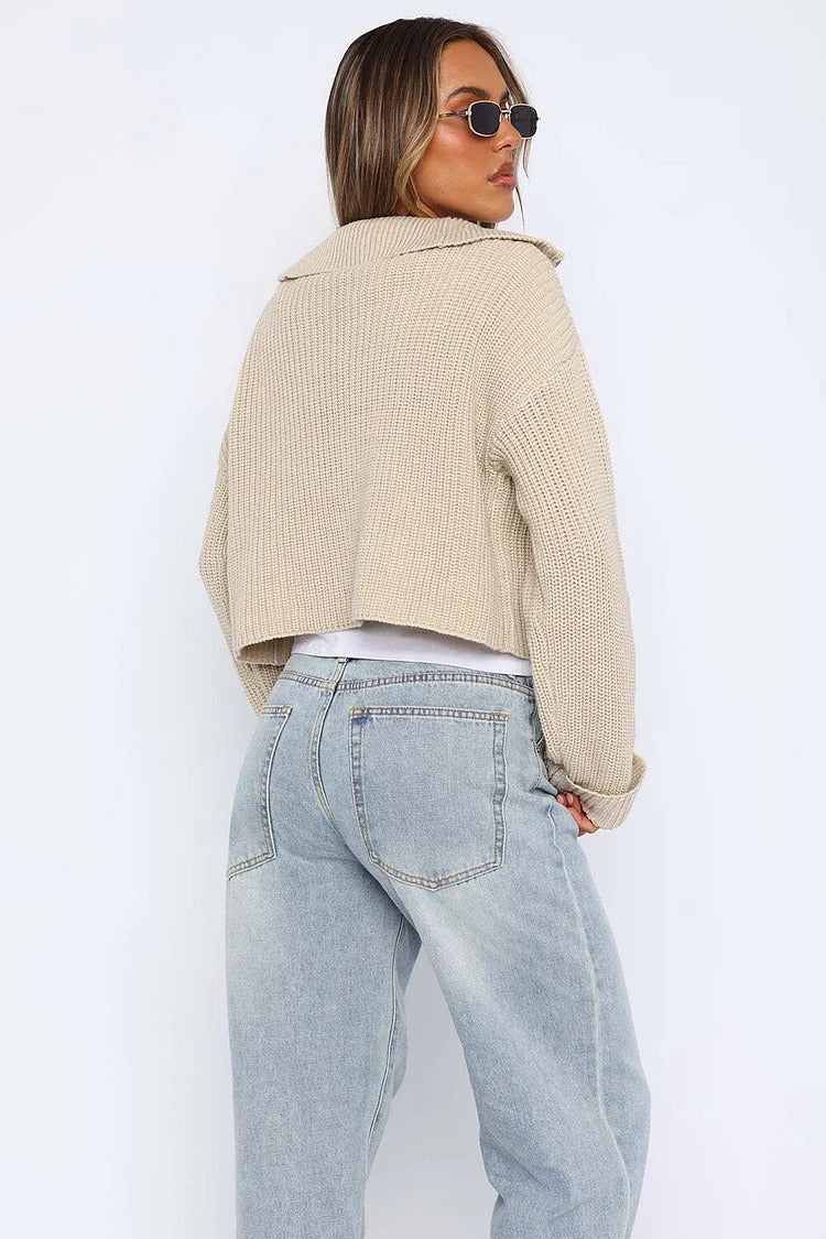 Pleated Knit Zipper Crop Sweater