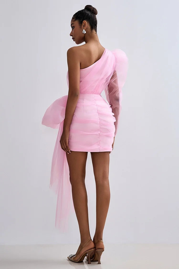 Pink Tulle One-Shoulder Bow Party Mini Dress