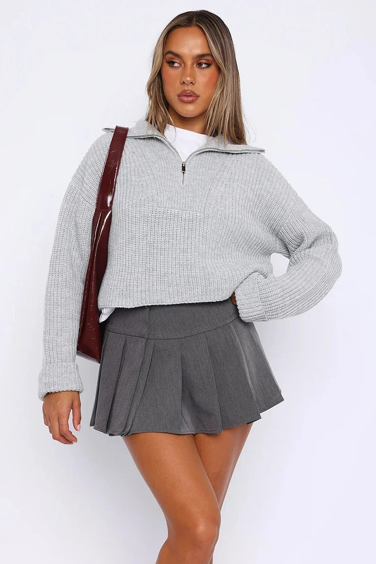 Pleated Knit Zipper Crop Sweater