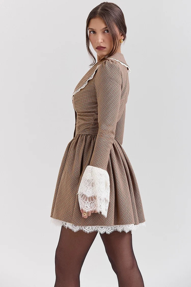 Brown Lace Doll Collar A-Line Mini Dress