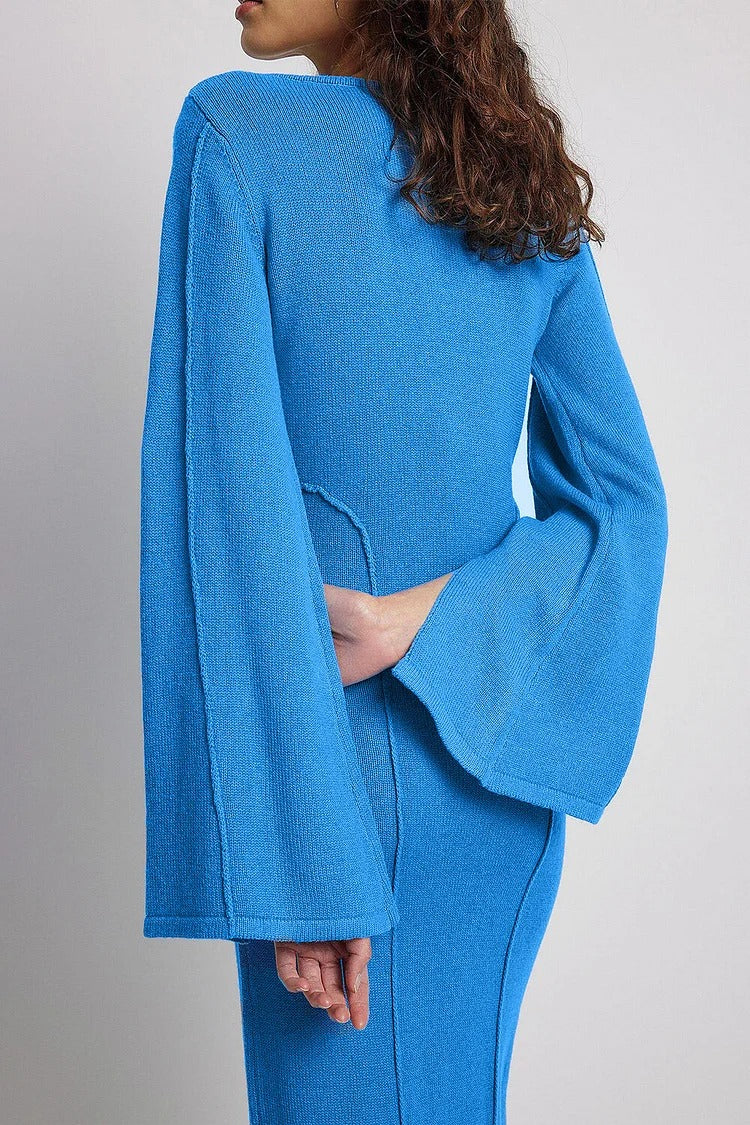 Blue Knit Round Neck Wide Sleeve Slit Sweater Maxi Dress