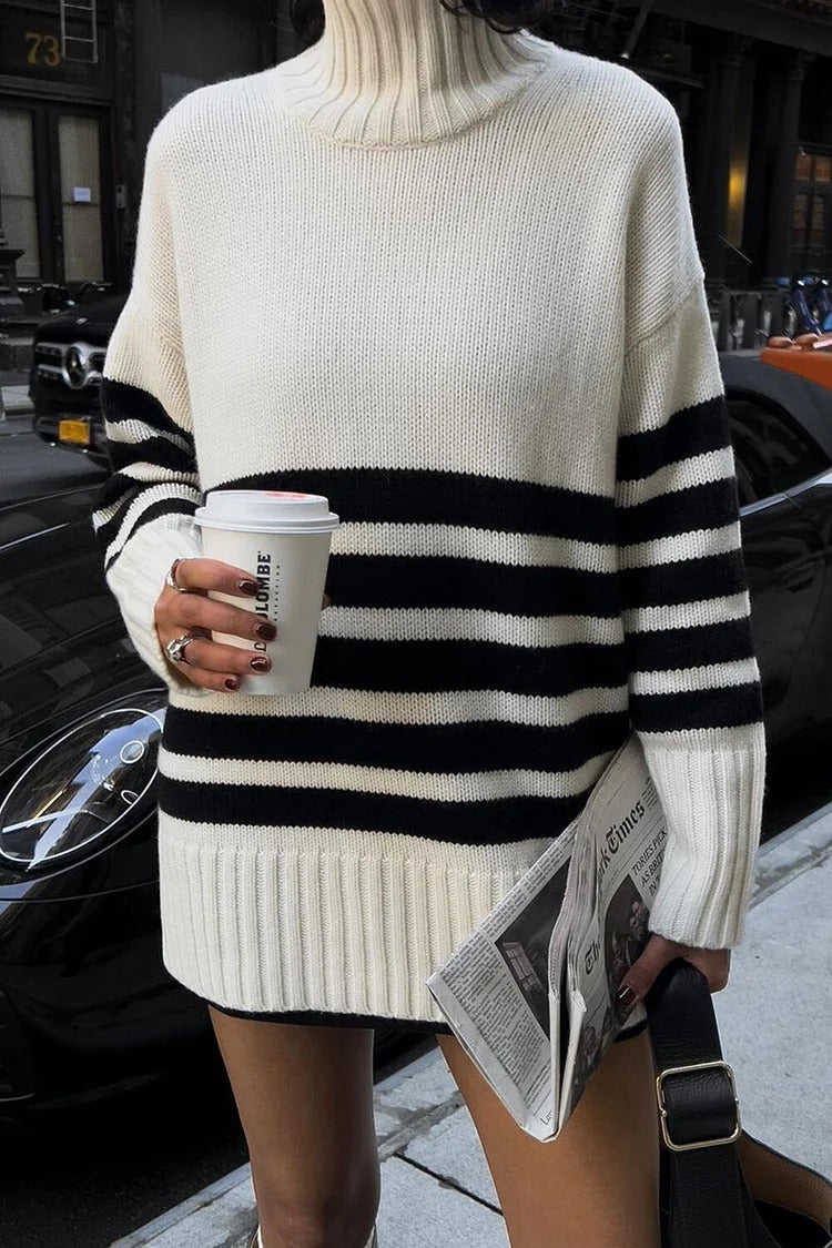 White Striped Knit High Collar Long Sleeve Sweater