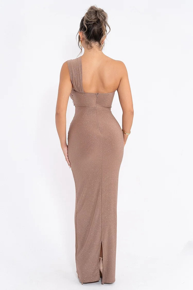 Brown Shimmery One-Shoulder Twist Maxi Dress