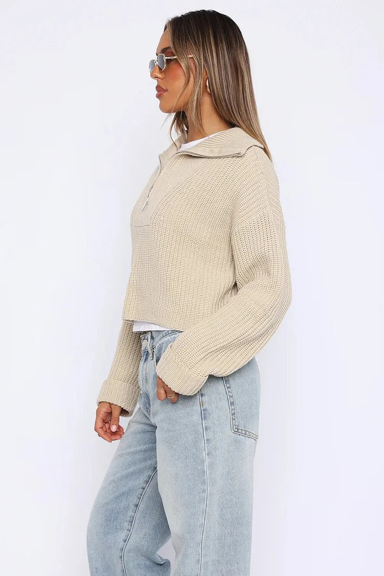 Pleated Knit Zipper Crop Sweater