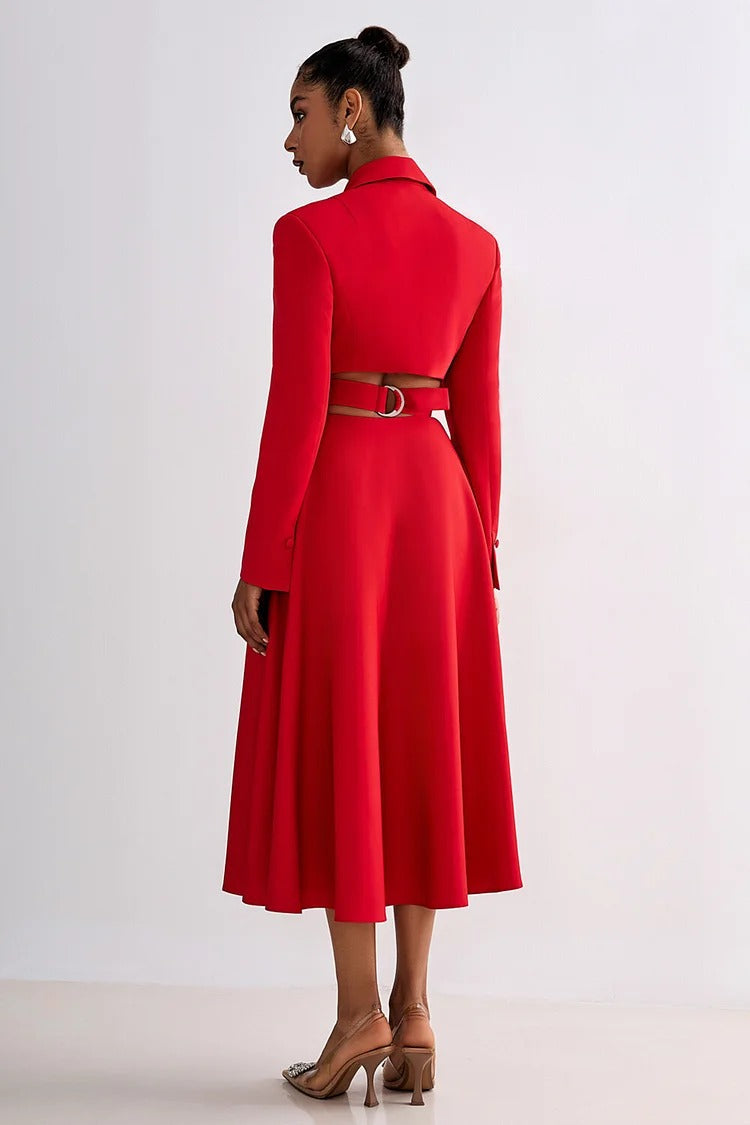 Red Notch Lapel Cutout Blazer Midi Dress