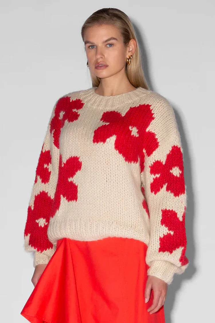 Beige Floral Knit Sweater