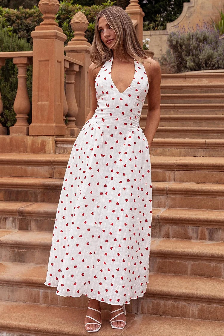 White Heart Print Halter Maxi Dress