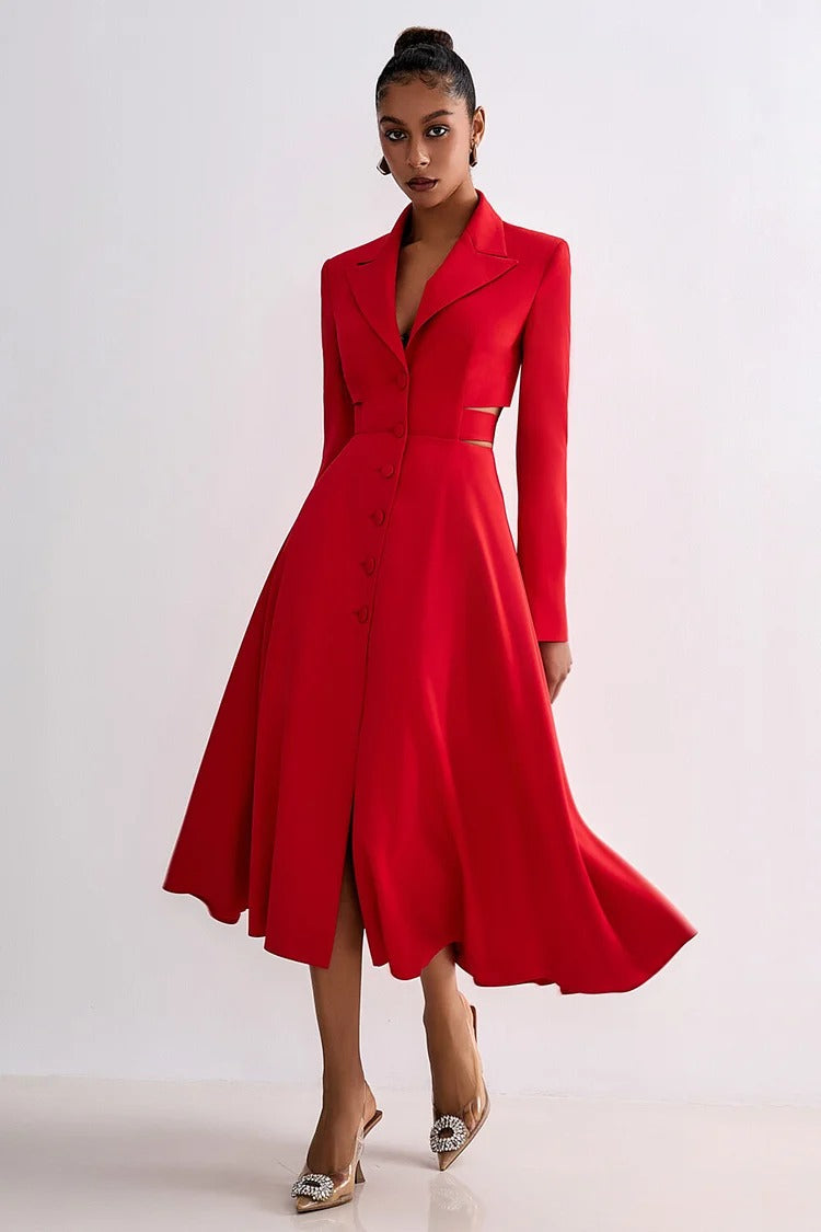 Red Notch Lapel Cutout Blazer Midi Dress