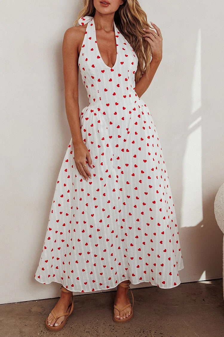 White Heart Print Halter Maxi Dress