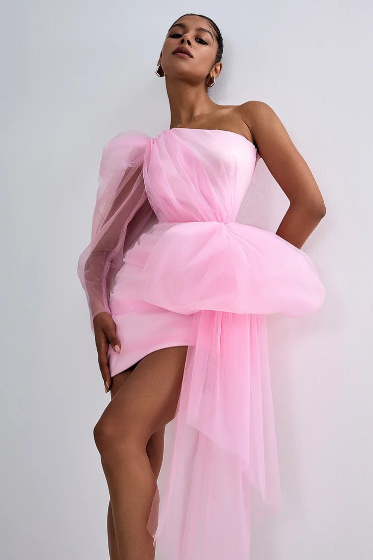 Pink Tulle One-Shoulder Bow Party Mini Dress