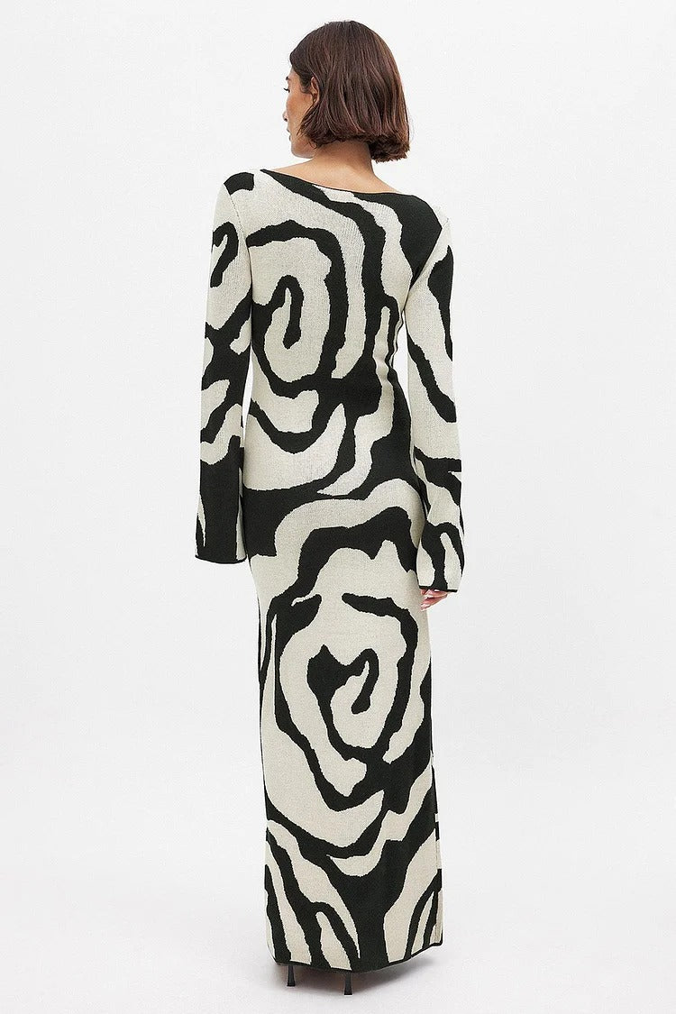 Black Abstract Pattern Knit Long Sleeve Slim Fit Maxi Dress