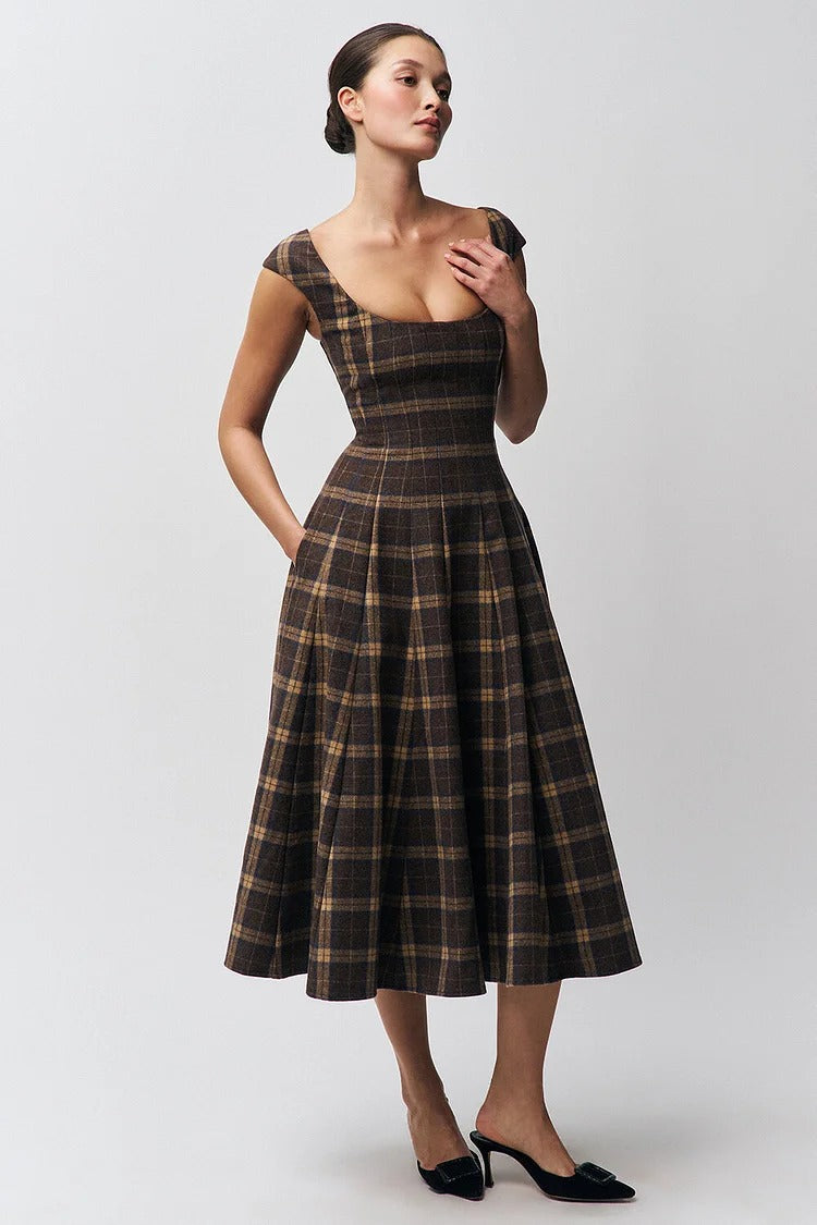 Plaid Pattern A-Line Midi Dress