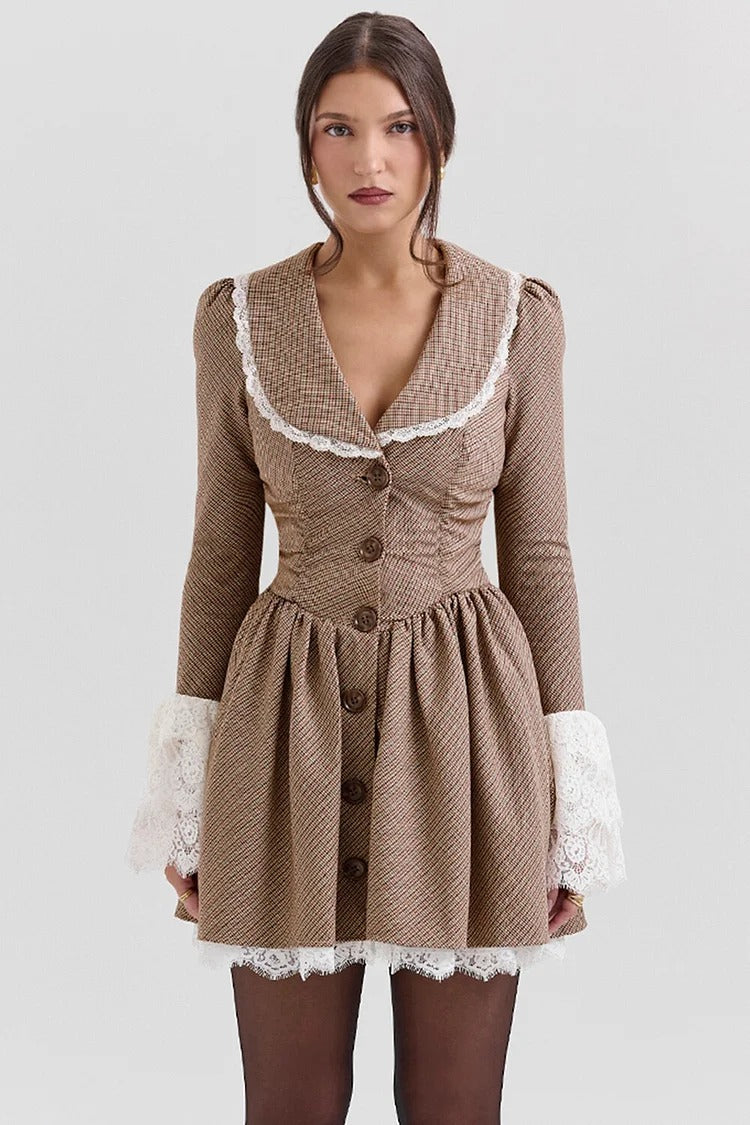 Brown Lace Doll Collar A-Line Mini Dress