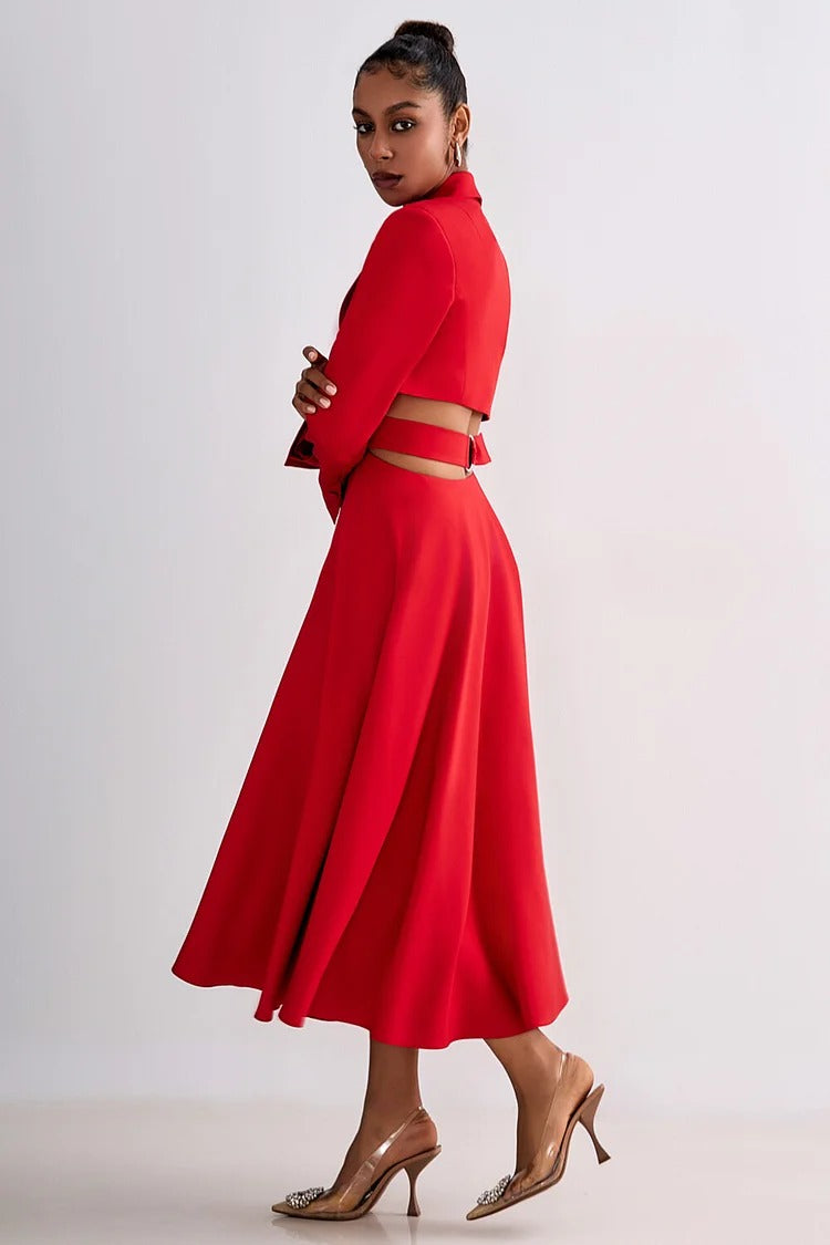 Red Notch Lapel Cutout Blazer Midi Dress