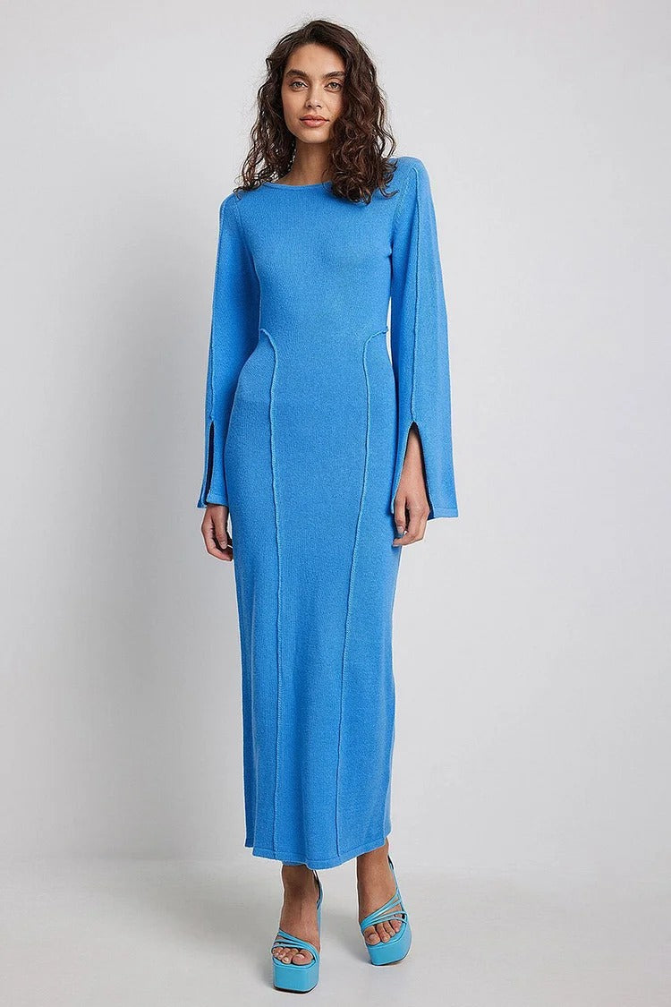 Blue Knit Round Neck Wide Sleeve Slit Sweater Maxi Dress