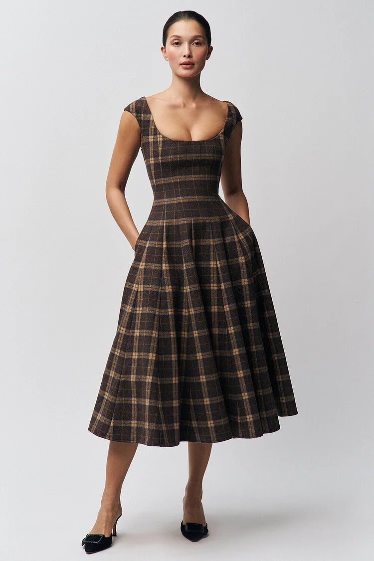 Plaid Pattern A-Line Midi Dress