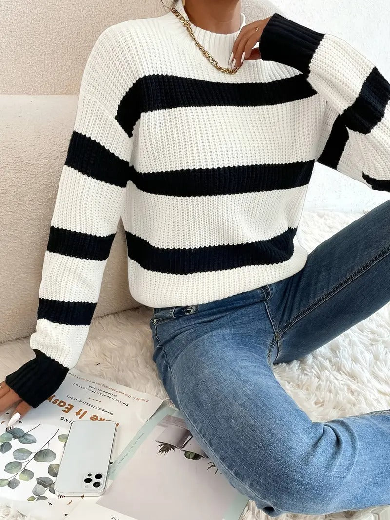 White Striped Knit Long Sleeve Sweater