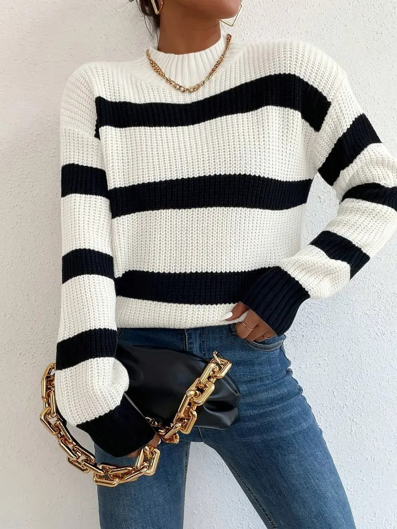 White Striped Knit Long Sleeve Sweater