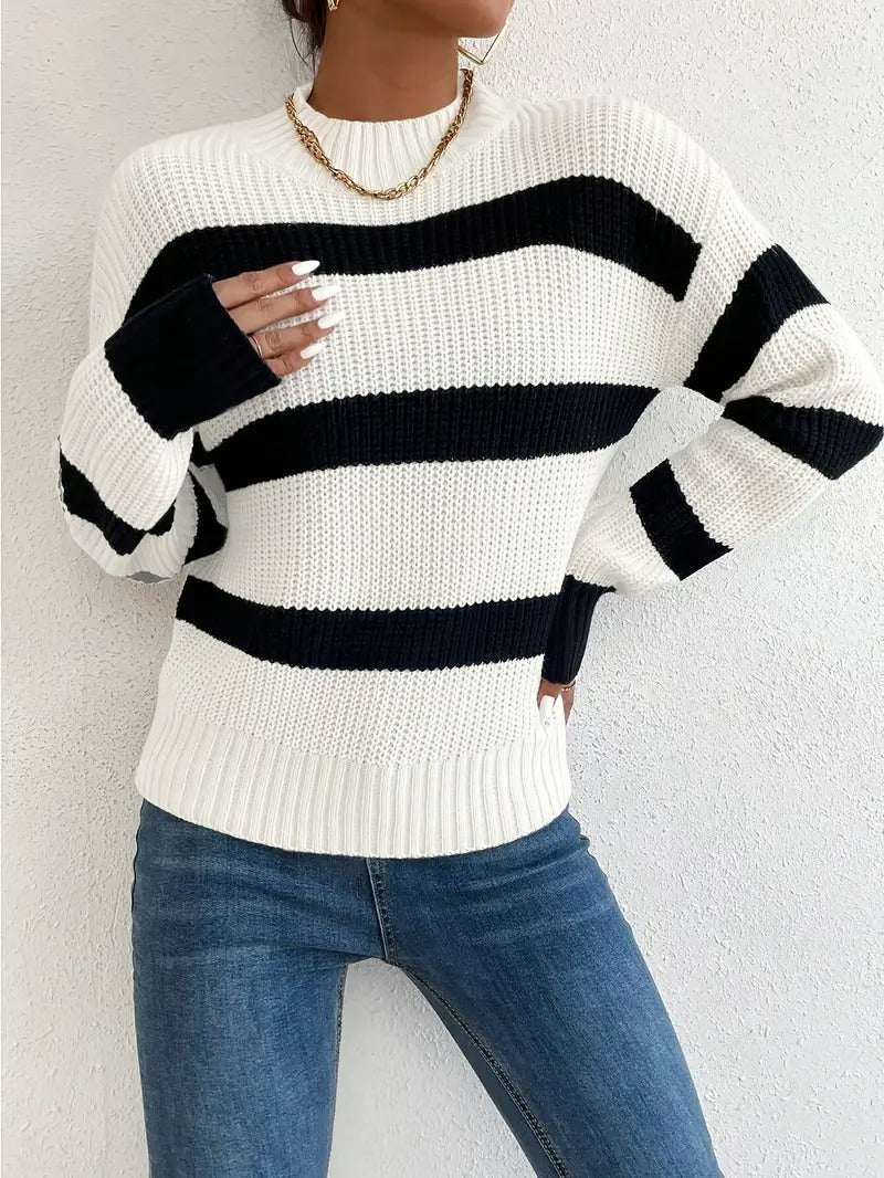 White Striped Knit Long Sleeve Sweater